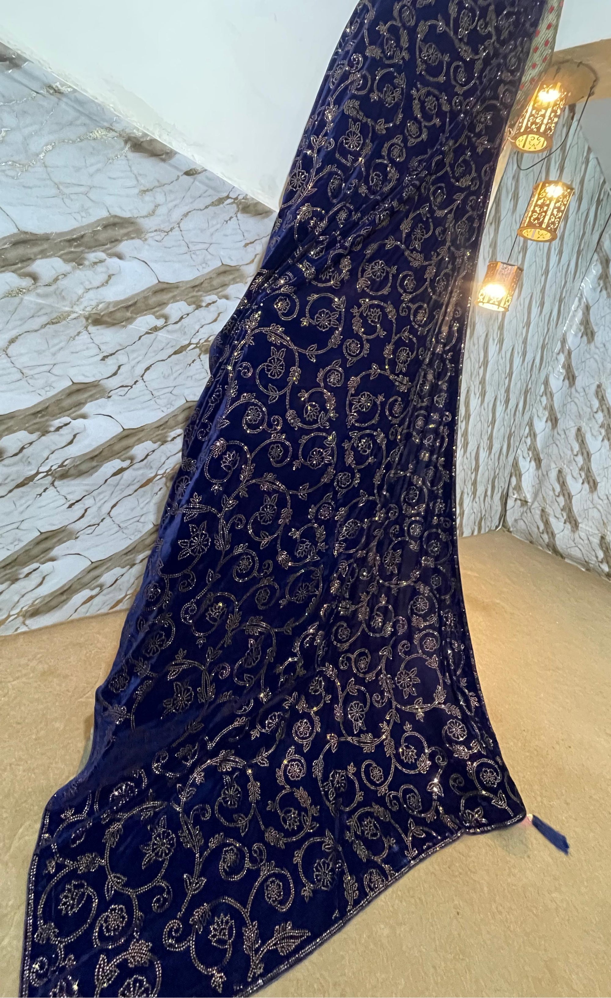 DZ Royal Blue Valvet shawl with Glamorous Stone Work