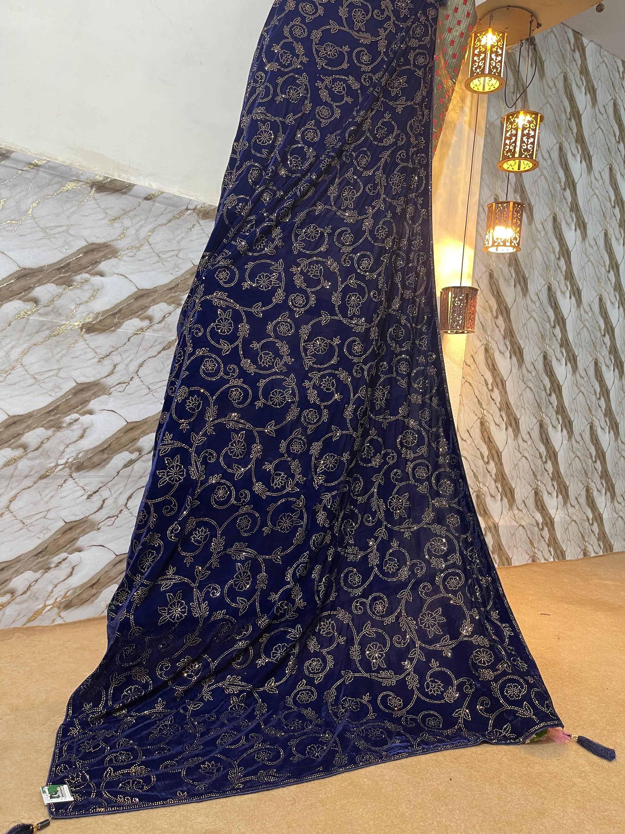 DZ Royal Blue Valvet shawl with Glamorous Stone Work