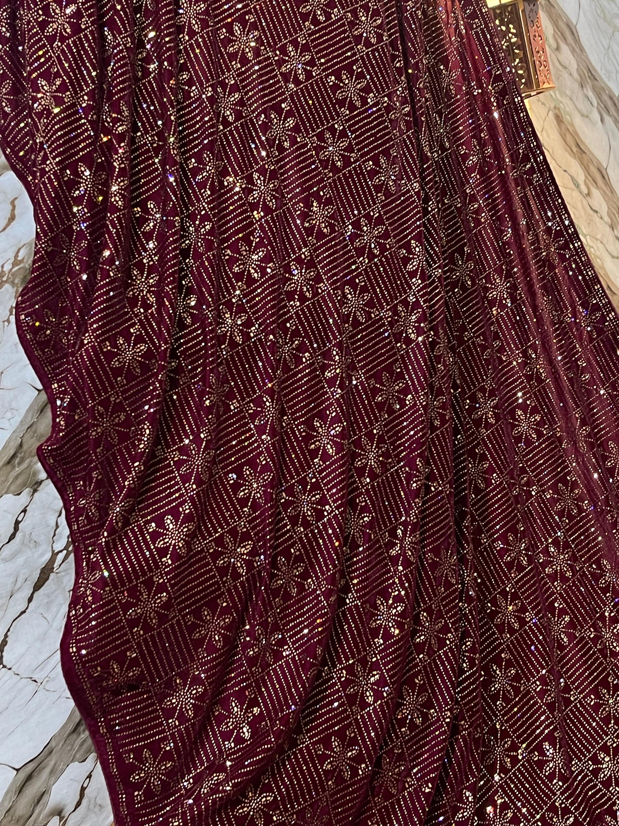DZ-4 Mehroon velvet shawl with glamorous stone work