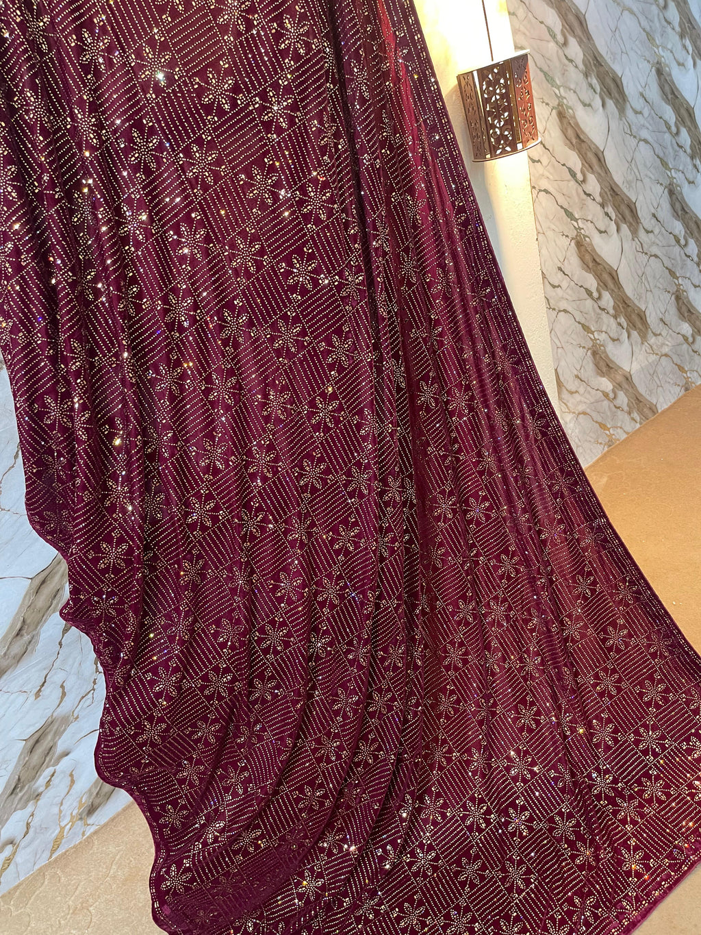 DZ-4 Mehroon velvet shawl with glamorous stone work