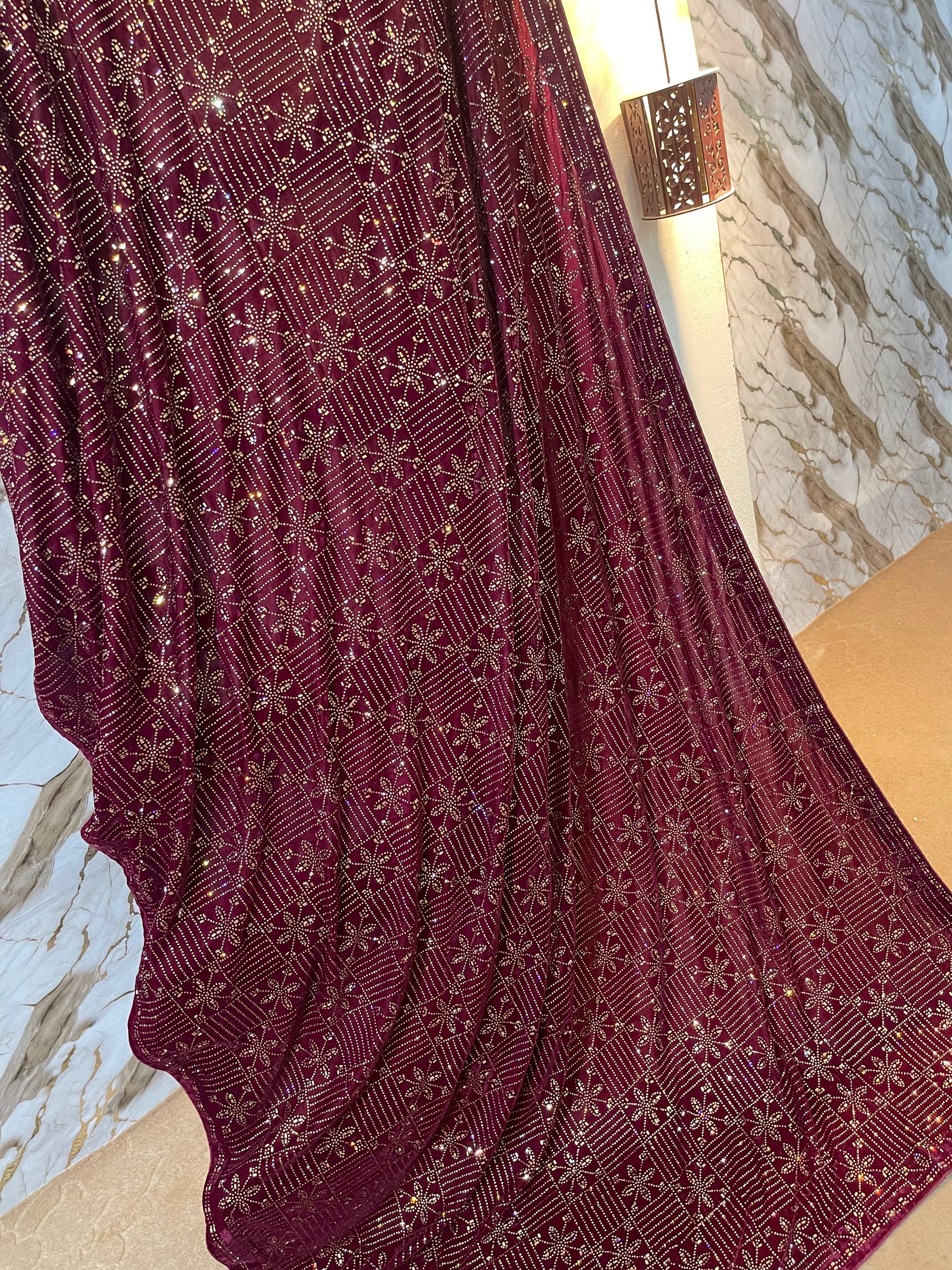 DZ-4 Mehroon velvet shawl with glamorous stone work