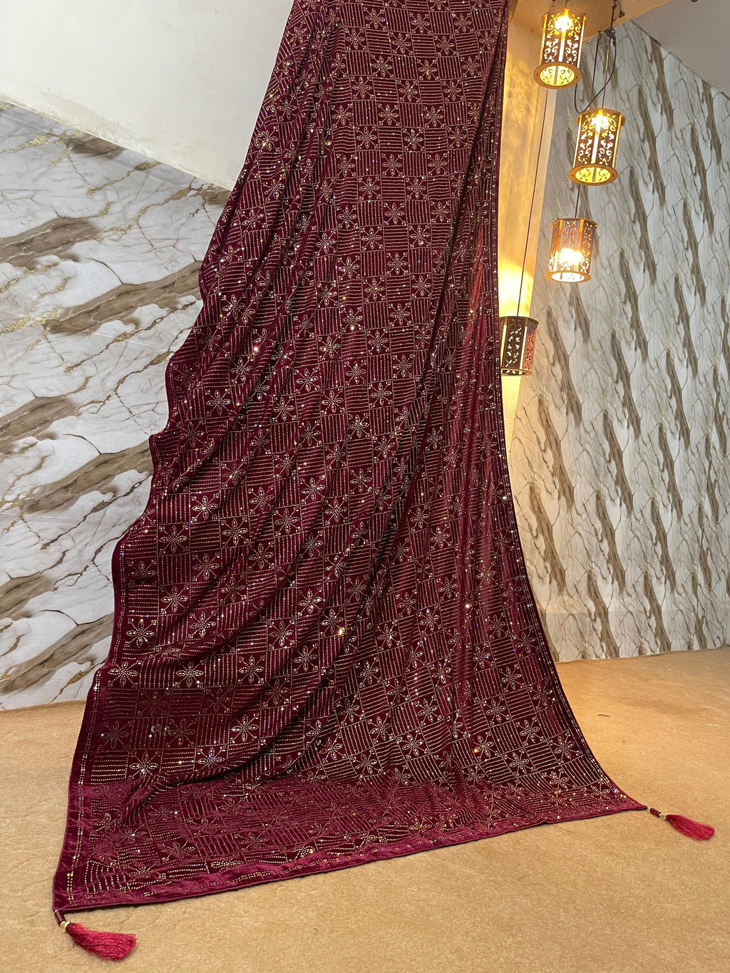 DZ-4 Mehroon velvet shawl with glamorous stone work