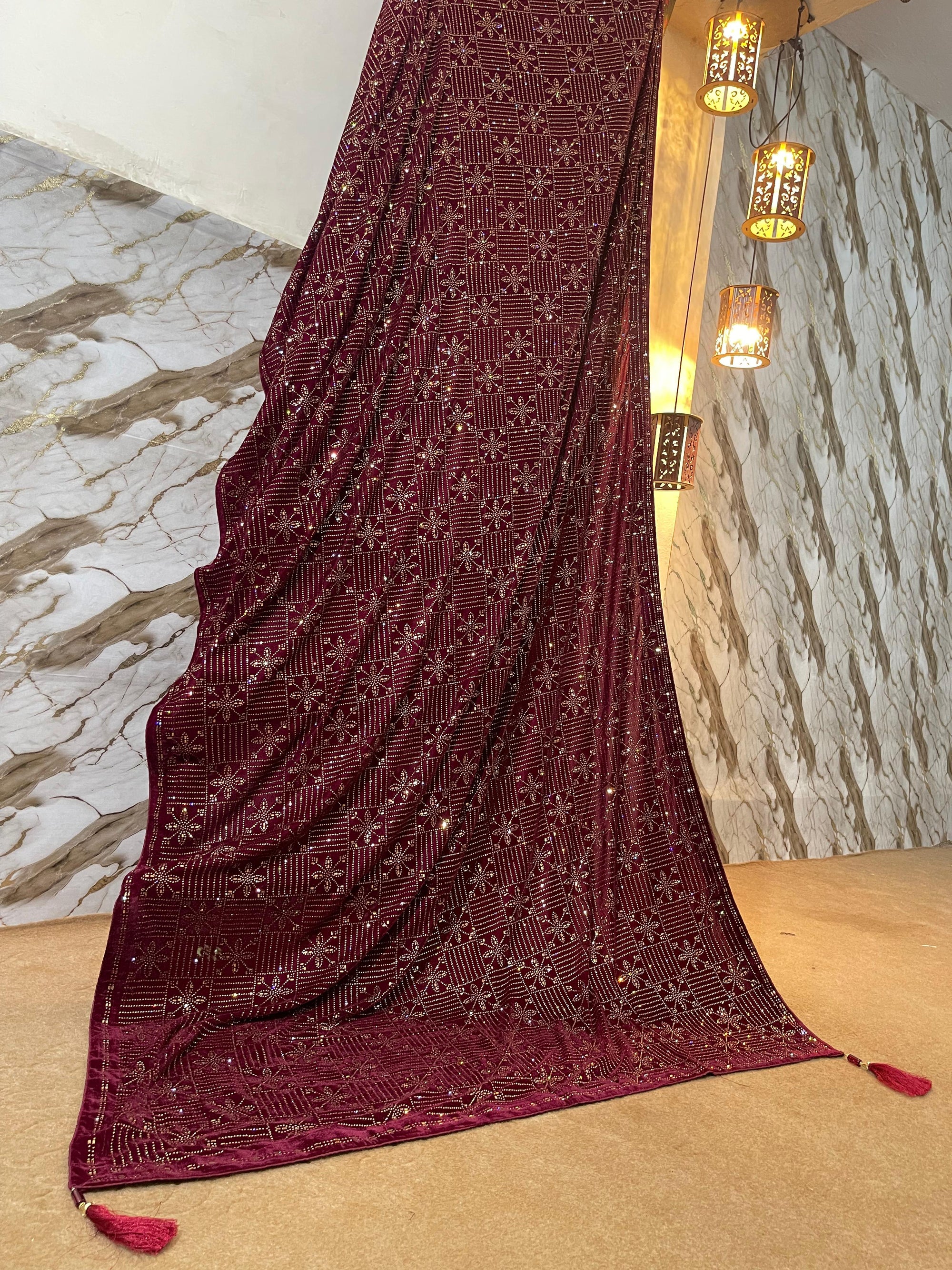 DZ-4 Mehroon velvet shawl with glamorous stone work
