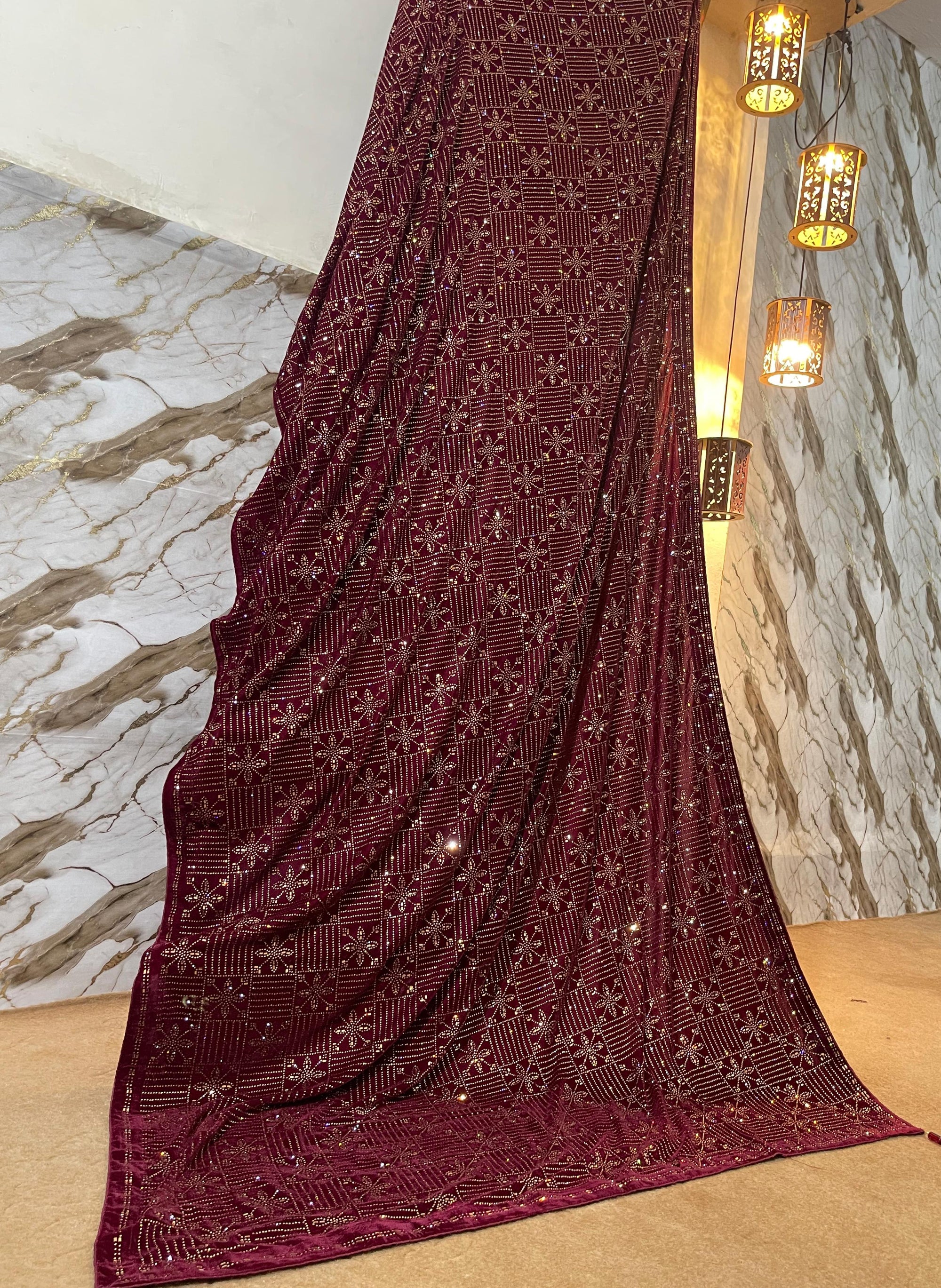 DZ-4 Mehroon velvet shawl with glamorous stone work