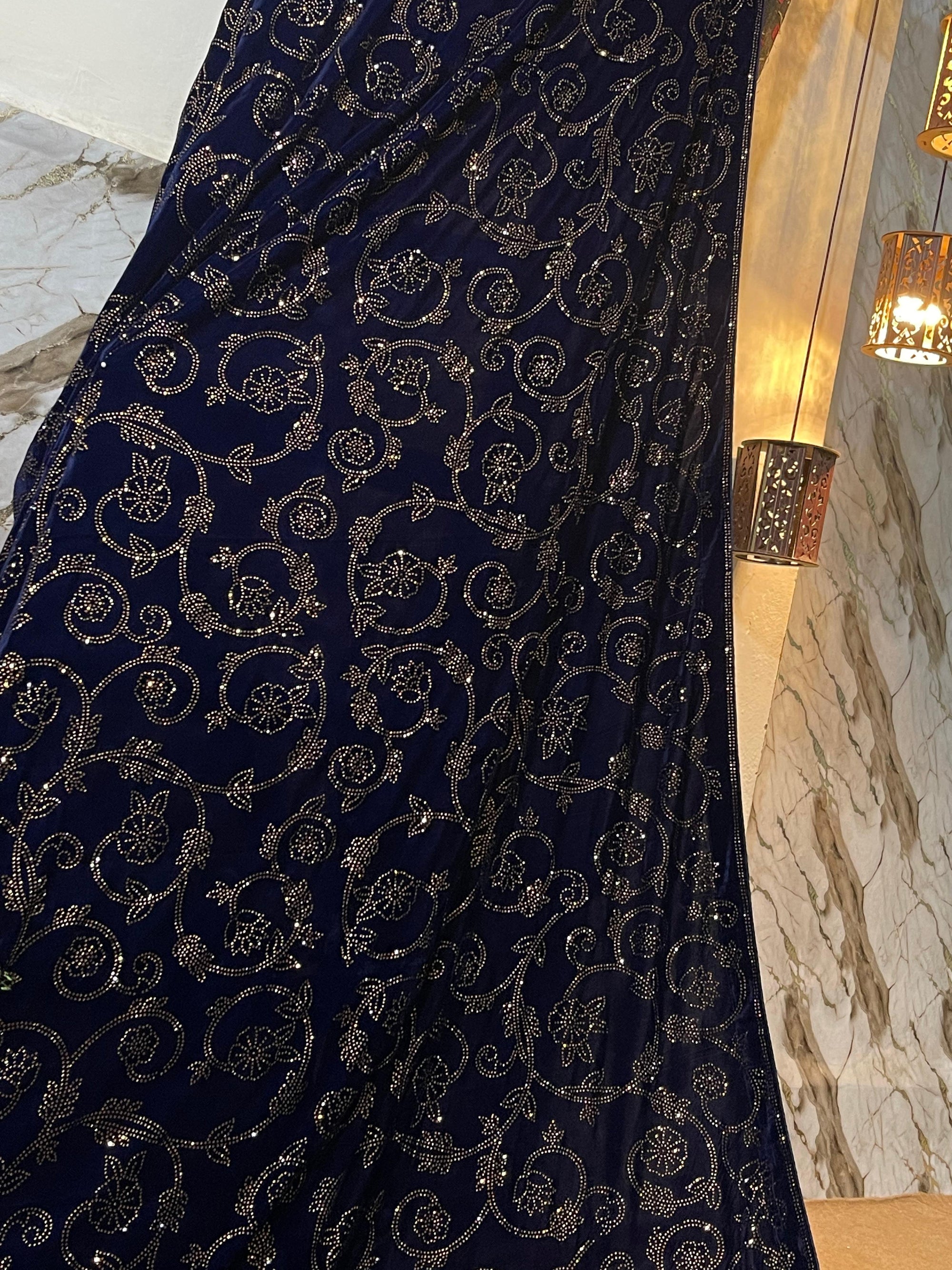DZ Royal Blue Valvet shawl with Glamorous Stone Work