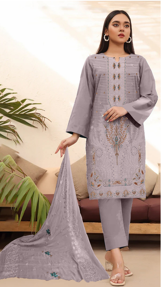 DZ 364 UNSTICHED 3 PC Embroidery Bana Dora Lawn