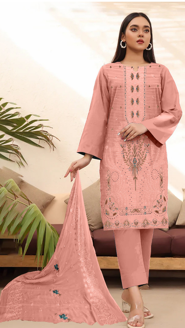 DZ 364 UNSTICHED 3 PC Embroidery Bana Dora Lawn